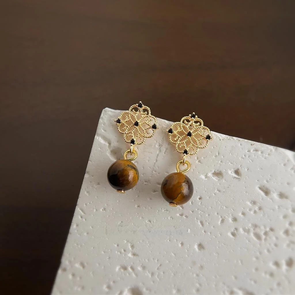 Light Luxury Natural Tiger Eye Stone Zircon Micro Pave 14K Plated Floral Geometric Drop Earrings