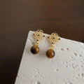 Light Luxury Natural Tiger Eye Stone Zircon Micro Pave 14K Plated Floral Geometric Drop Earrings