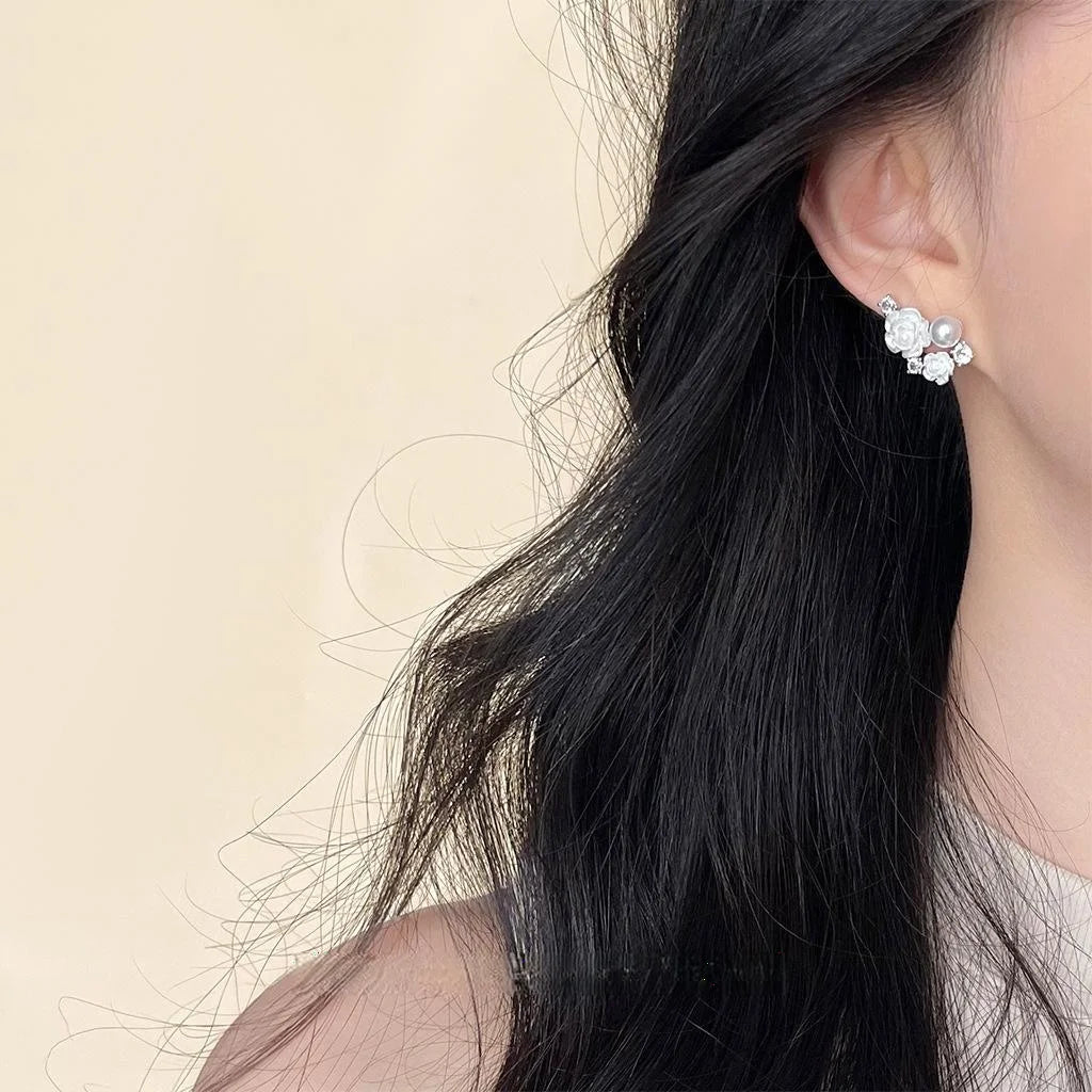 Original Design Resin Pearl Rose Flower Drop Earrings With Micro Pave Zircon
