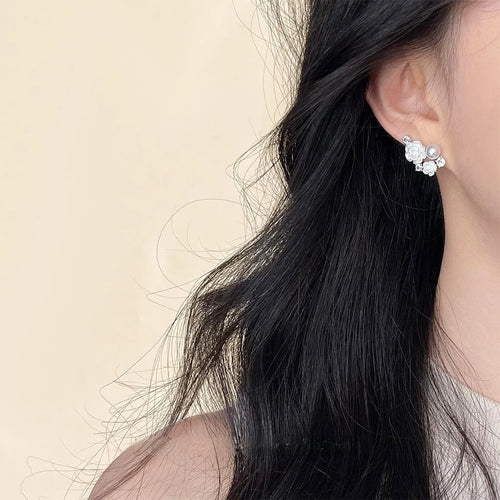 Original Design Resin Pearl Rose Flower Drop Earrings With Micro Pave Zircon