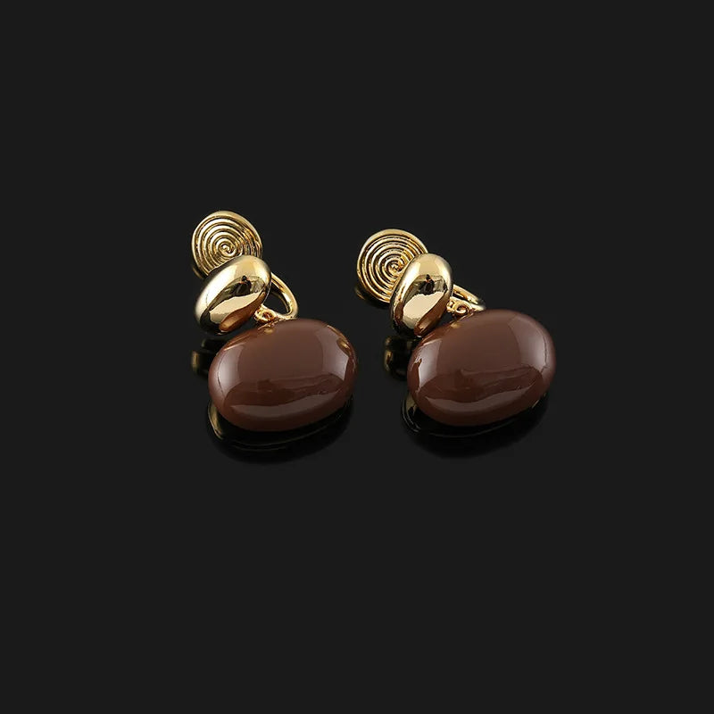 Elegant Gold Alloy Spiral Disk Coffee Enamel Bean Stud & Clip On No Piercing Drop Earrings