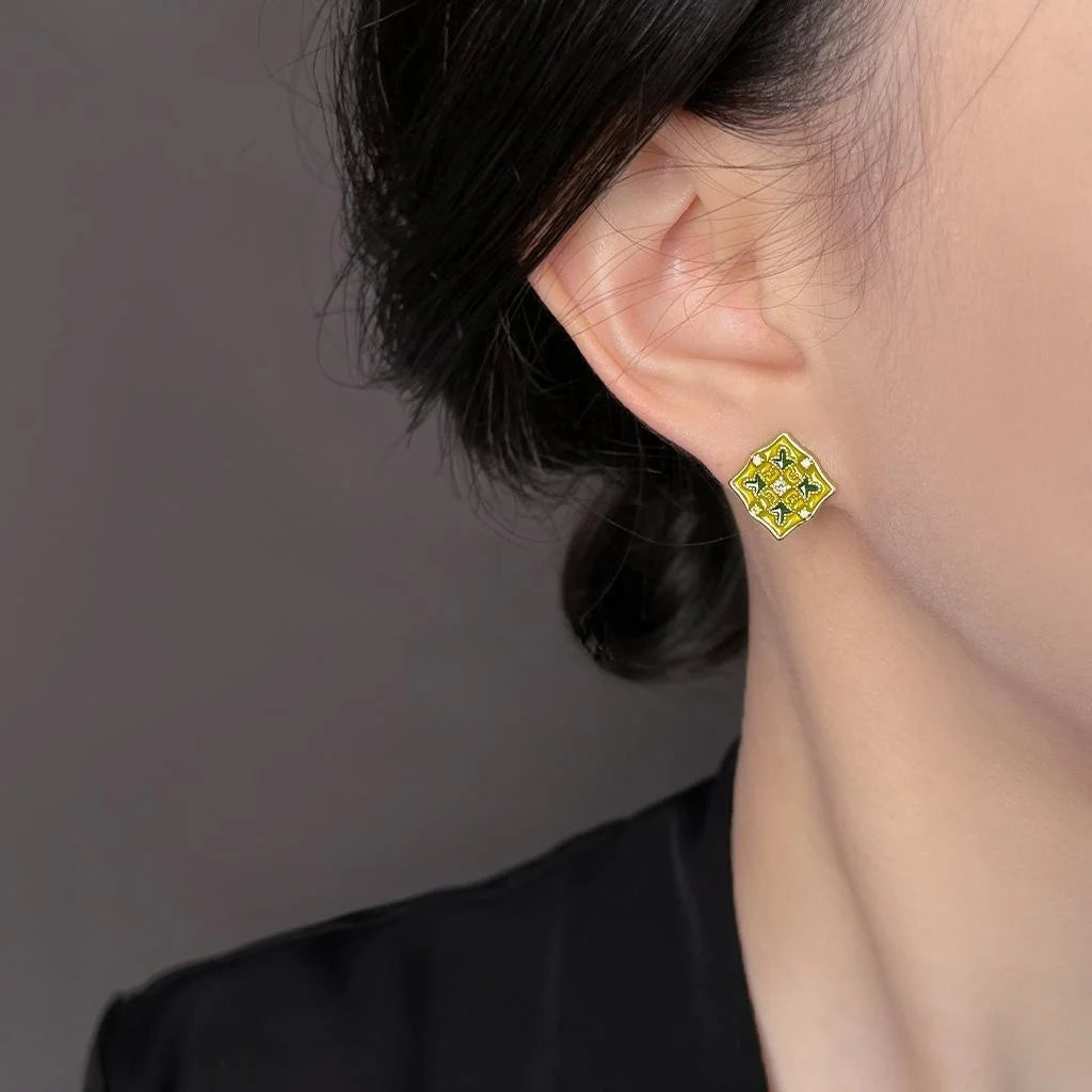 Light Luxury Copper Enamel Geometric Flower Stud Earrings With Zircon And Silver Plated Pins