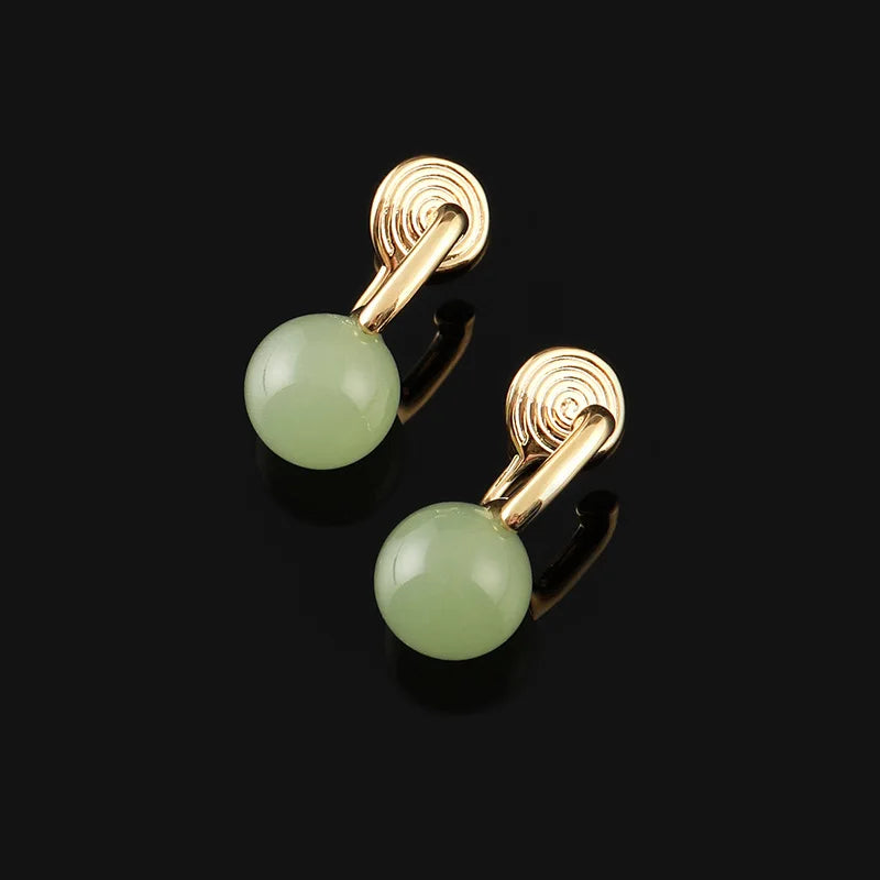 Vintage Chinese Style Green Agate Bead Gold Alloy Spiral Disc Stud & Clip On No Piercing Earrings