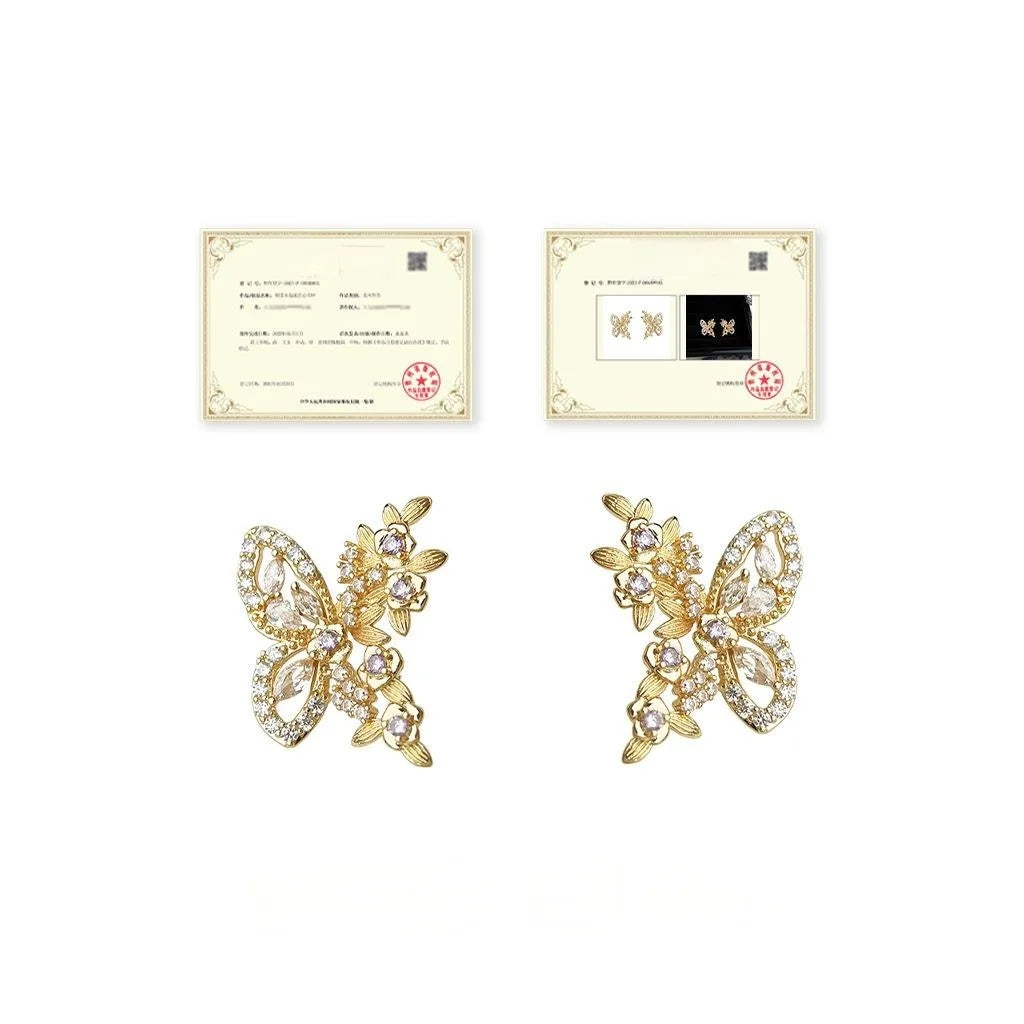 14K Gold Plated Copper Micro Pave Zircon Butterfly Flower Stud Earrings Sweet Chic