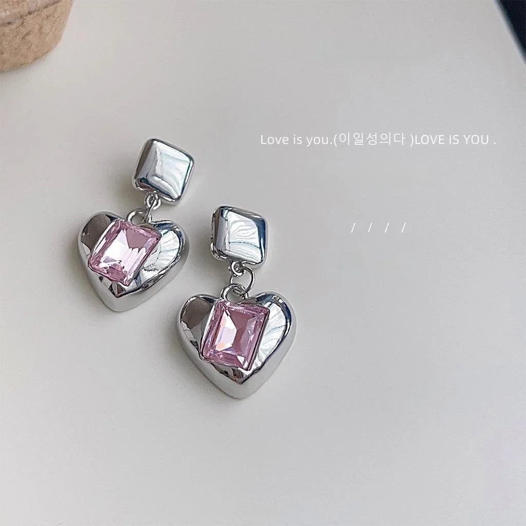 Sweet Cool Pink Glass Crystal Heart Drop Earrings Copper Fashion Statement Jewelry