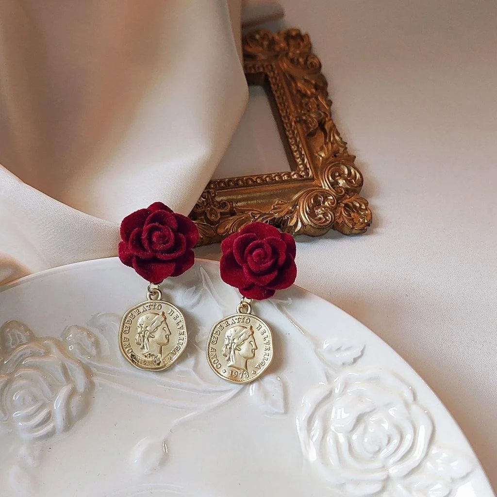 French Vintage Flocked Resin Rose Stud Earrings With 14K Silver Plated Pins Elegant Floral Jewelry
