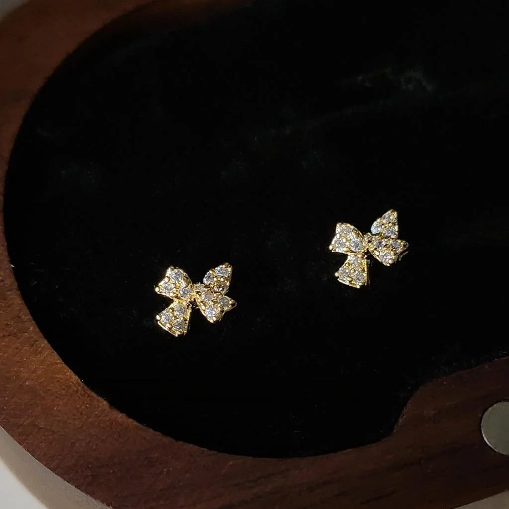 Silver Plated Copper Micro Pave Zircon Mini Bow Knot Stud Earrings For Women
