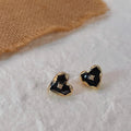 French Vintage Black Gold Heart Enamel Copper Stud Earrings, Light Luxury Hepburn Style