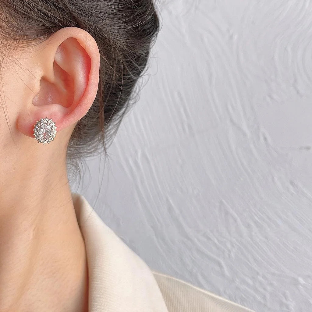 14K Gold Plated Copper Irregular Oval Micro Pave Zircon Stud Earrings