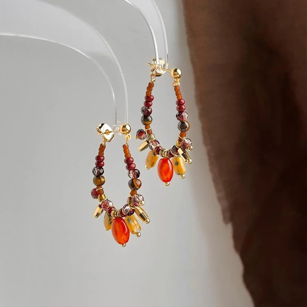 Handmade Ethnic Geometric Drop Earrings With Tiger Eye Red Agate Czech Glass And Seed Beads