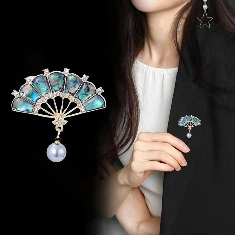 Elegant Fan Brooch With Mother Of Pearl Shell And Rhinestones, Pearl Drop Lapel Pin Corsage Gift
