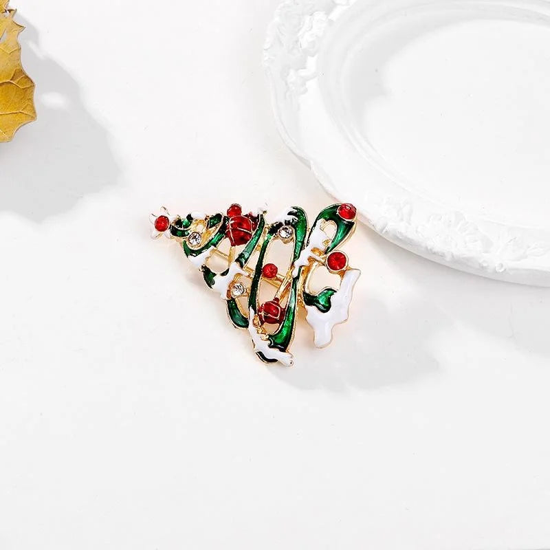 Elegant Enamel Christmas Tree Brooch With Rhinestones, Festive Snow Lapel Pin Corsage Gift