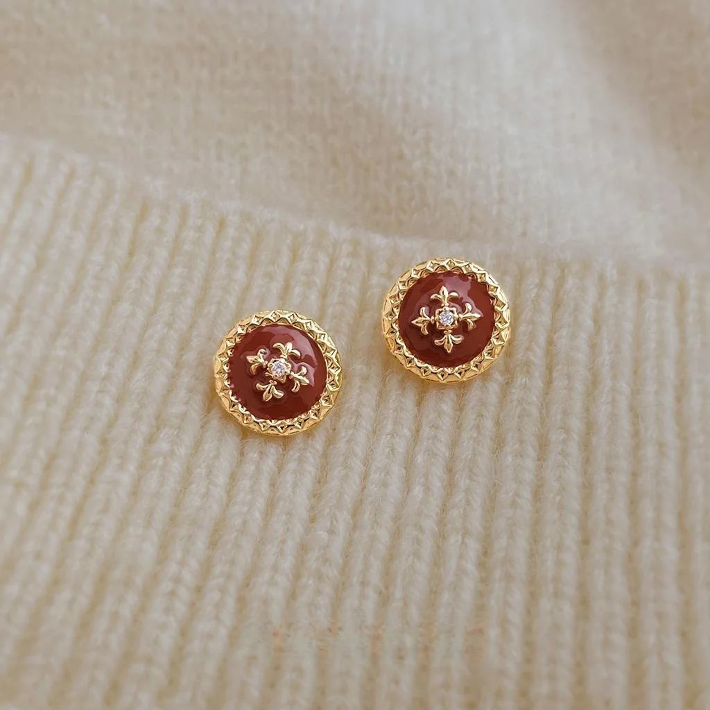 Copper Iris Flower Enamel Drip Glaze Geometric Button Stud Earrings With Zircon