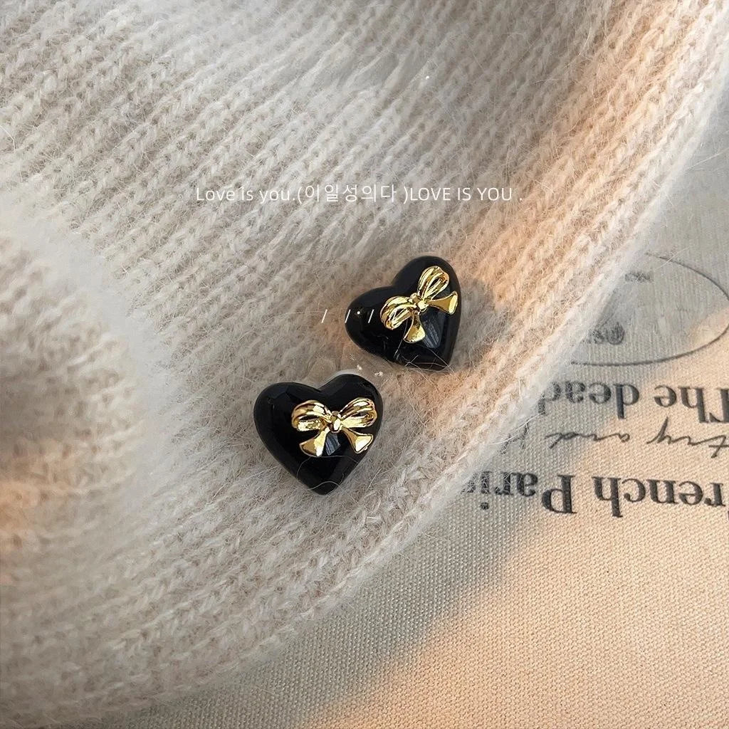 Chic Heart Bow Copper Stud Earrings Minimalist Sweet Cool Jewelry