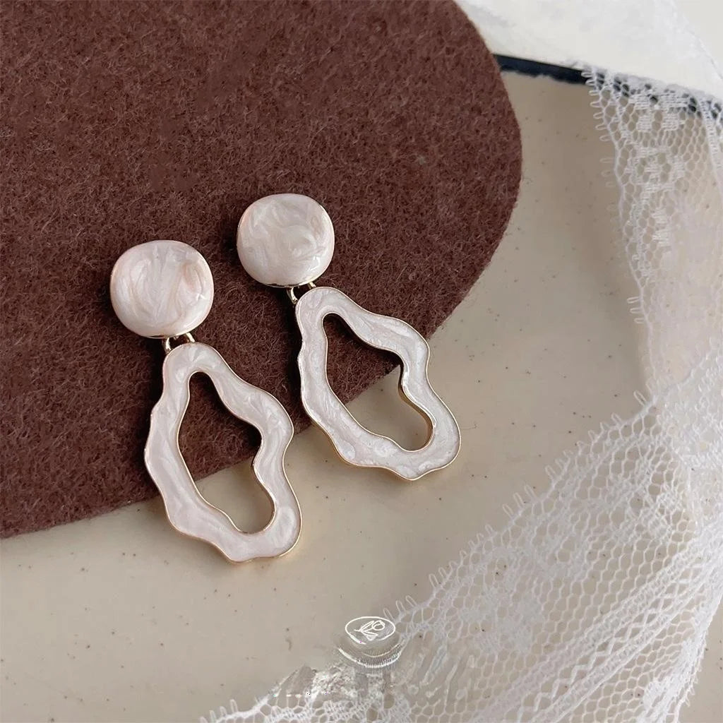 French Vintage Irregular Cream White Hollow Geometric Copper Drop Earrings