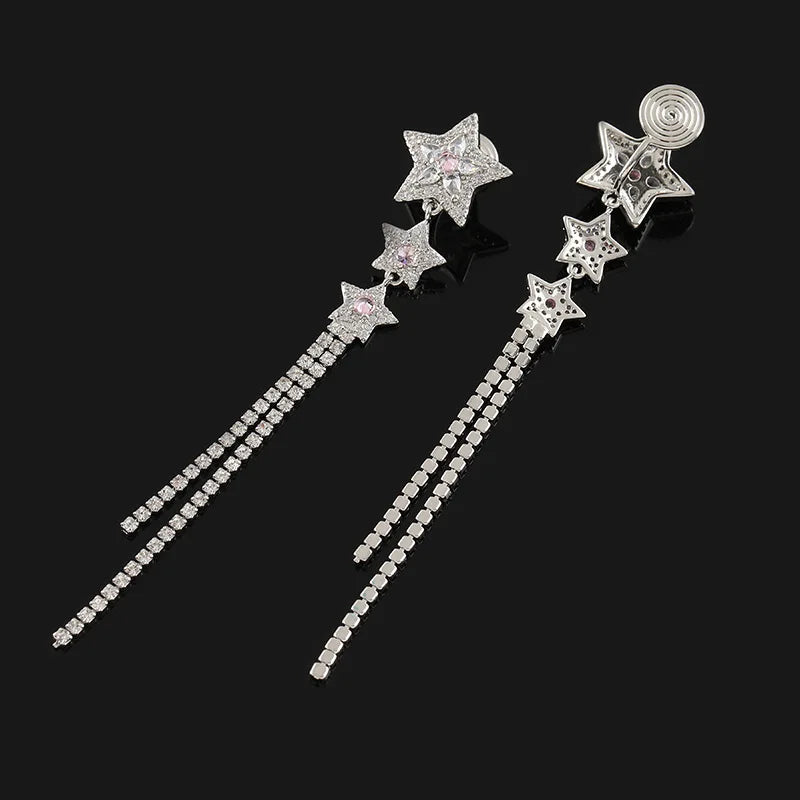 Elegant Luxury Rhinestone Star Charm Long Chain Tassel Stud & Clip On No Piercing Dangle Earrings