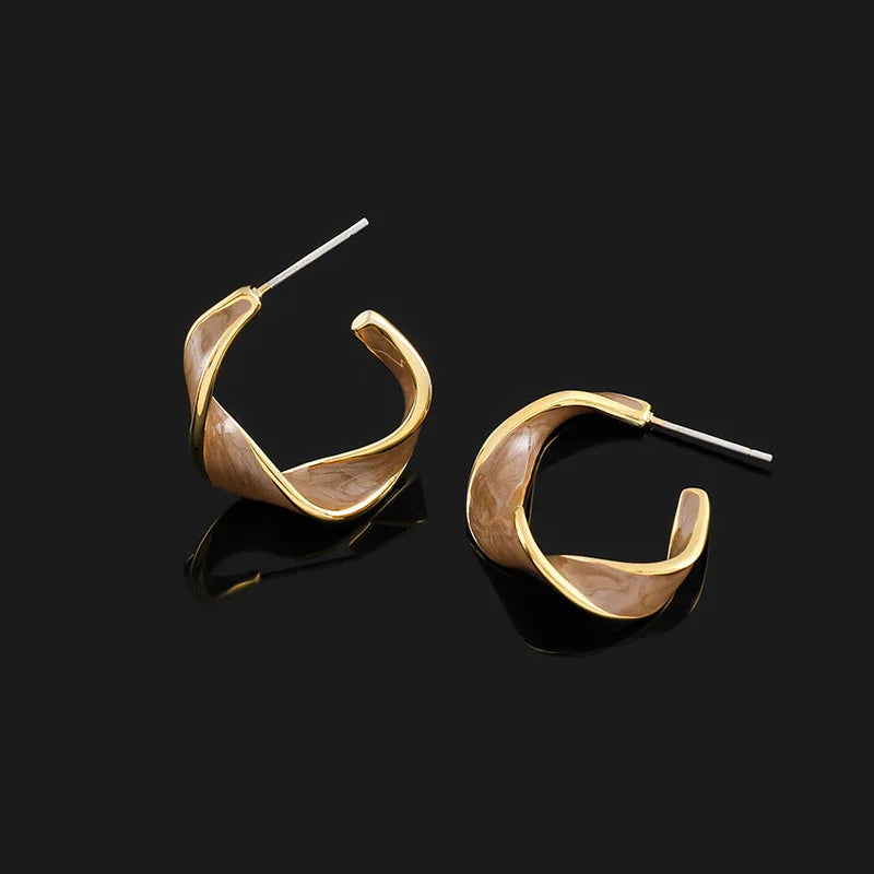 Vintage Brown Enamel Twisted Hoop Alloy Stud & Clip On No Piercing French Elegant Statement Earrings