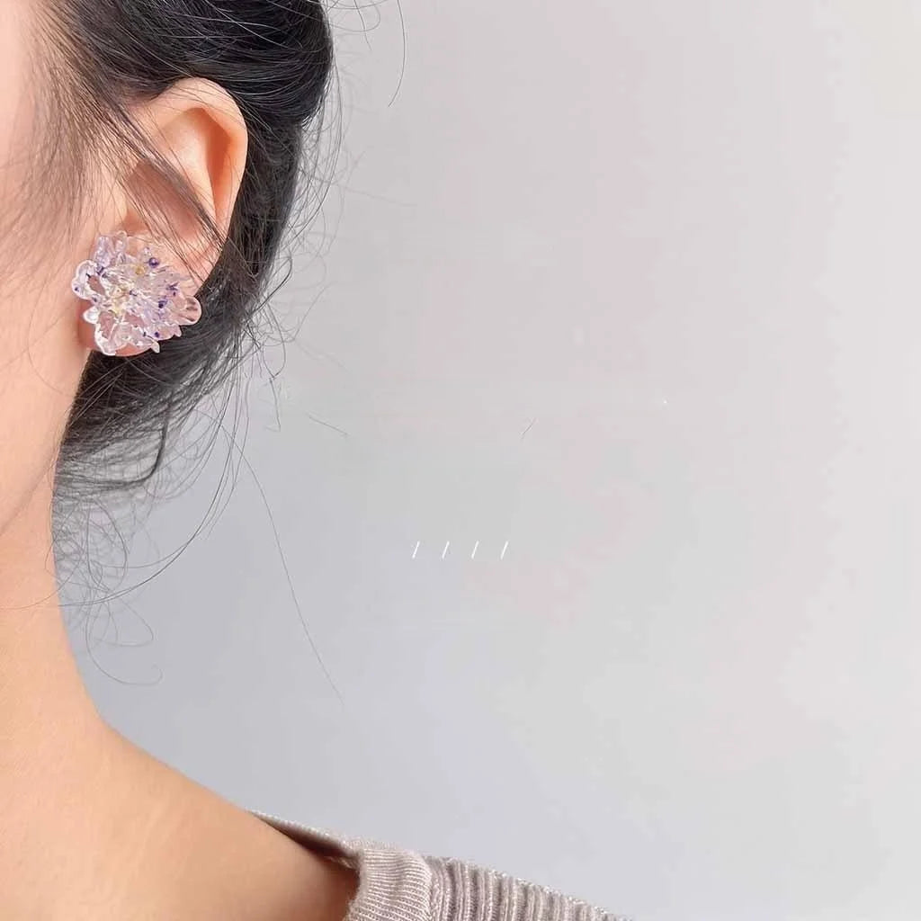 Transparent 3D Resin Flower Stud Earrings With Gold Foil Fresh Spring Summer Jewelry
