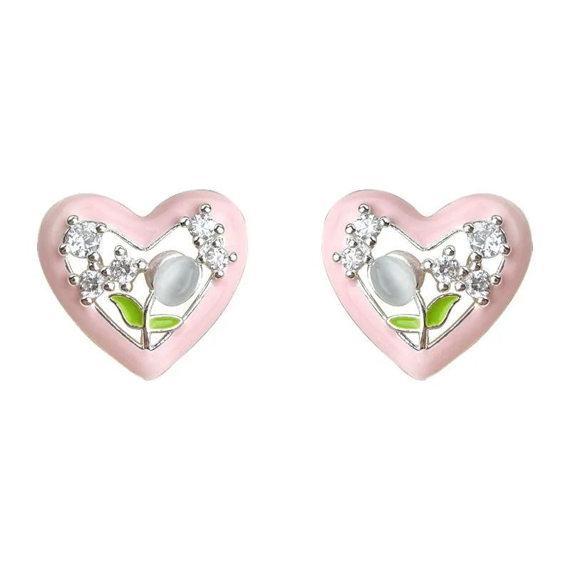 Sweet Tulip Heart Zircon Enamel Copper Stud Earrings With Silver Plated Pins