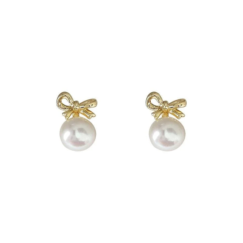 Freshwater Pearl 14K Plated Copper Bow Stud Earrings Mini Fresh Style Jewelry