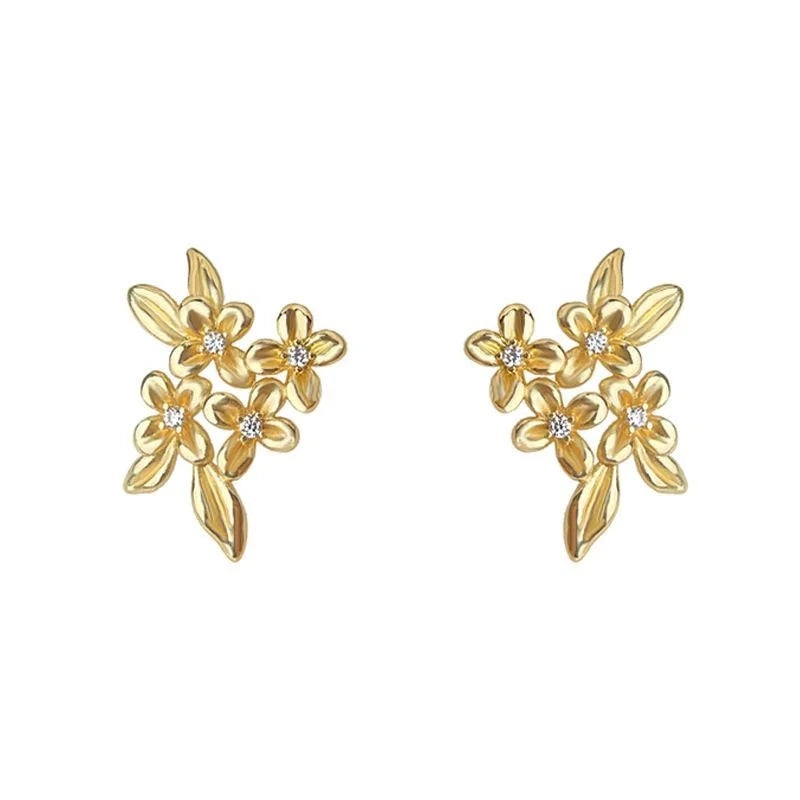 14K Plated Copper Osmanthus Flower Zircon Stud Earrings, Light Luxury Floral Petal Jewelry
