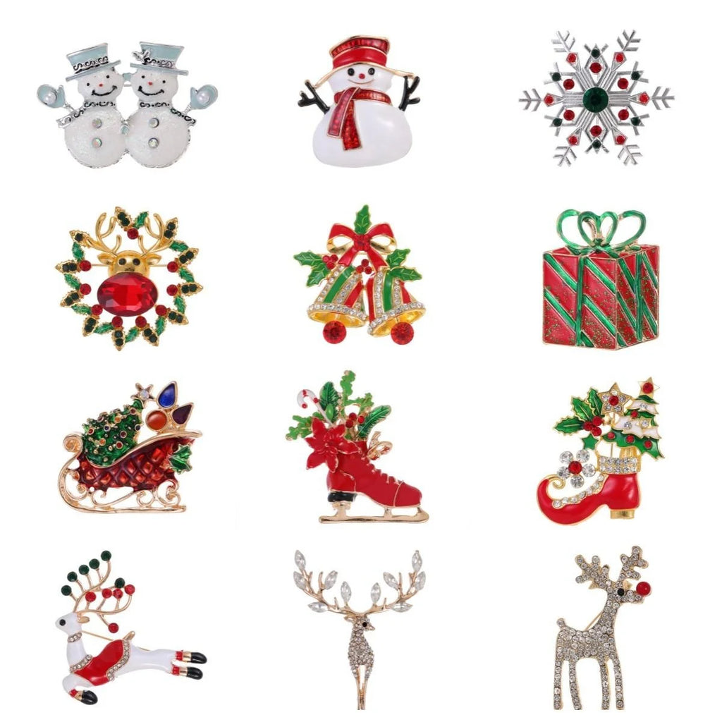 Elegant Christmas Alloy Enamel Rhinestone Brooch With Reindeer Snowman Bells Boot Lapel Pin Holiday Gift