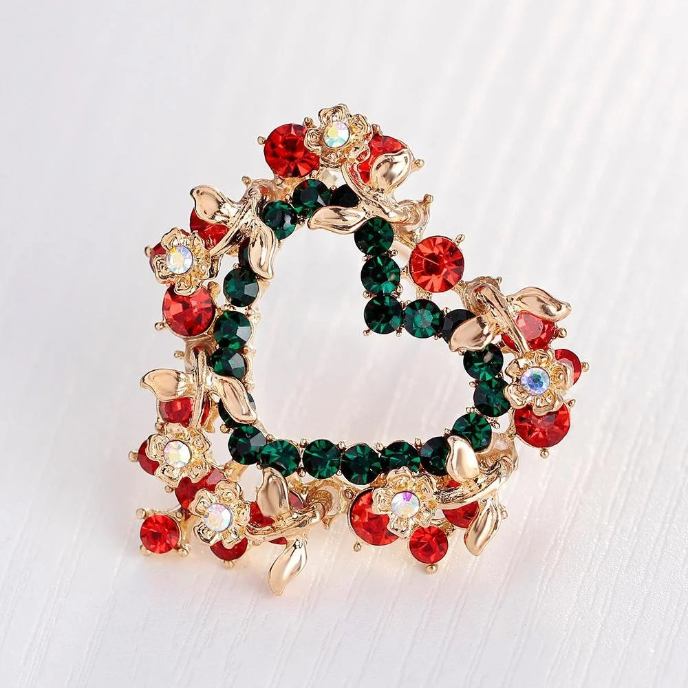 Elegant Christmas Heart Wreath Rhinestone Alloy Brooch, Red Green Floral Lapel Pin Corsage Gift