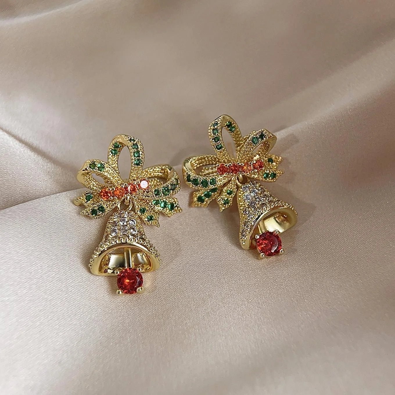 14K Gold Plated Copper Micro Pave Zircon Bow Christmas Bell Drop Earrings