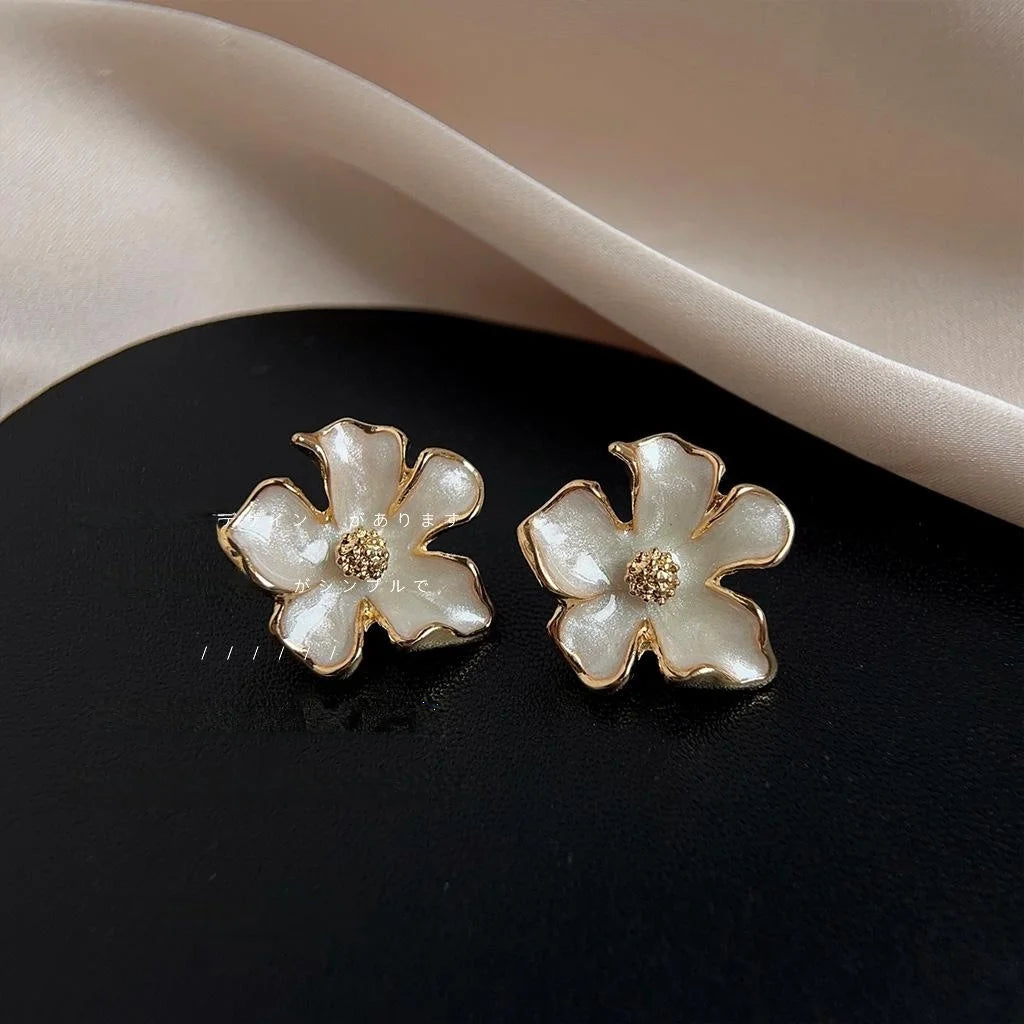 Sweet Gardenia Flower Stud Earrings 14K Electroplated Copper Enamel Elegant Jewelry