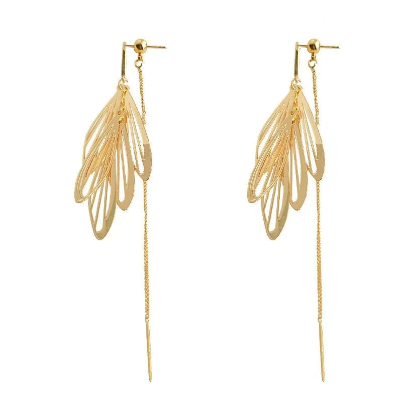 14K Gold Plated Copper Wing Leaf Tassel Drop Earrings Light Luxury Forest Style