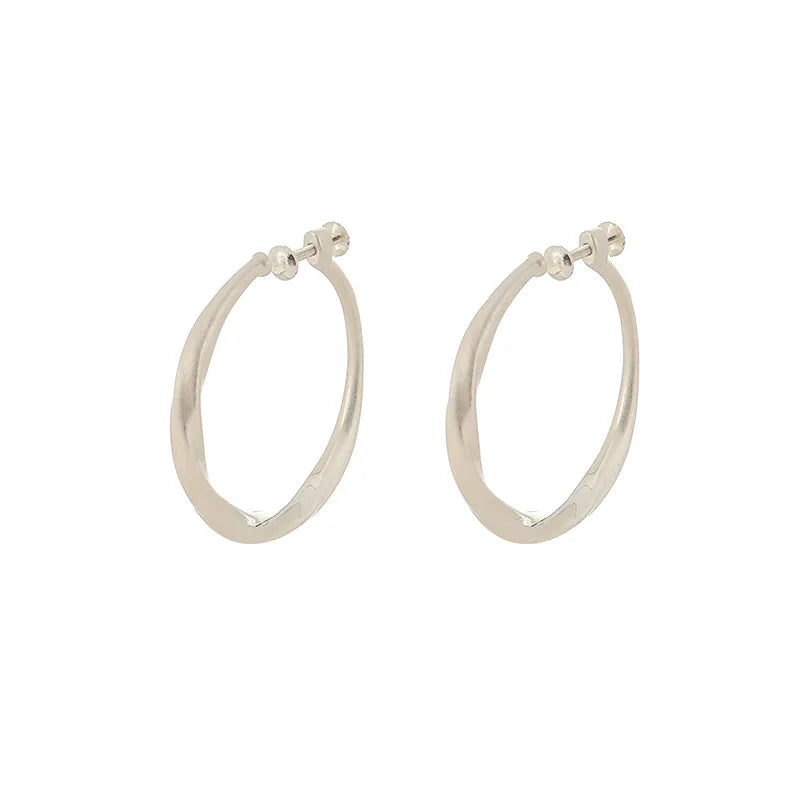 Elegant Brushed Silver Alloy Round Hoop Earrings, Stud & Clip On No Piercing Lightweight Hoop Earrings