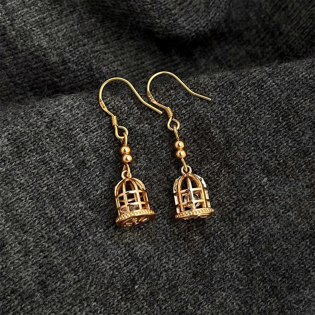 14K Gold Plated Copper Birdcage Drop Earrings, French Vintage Designer Style