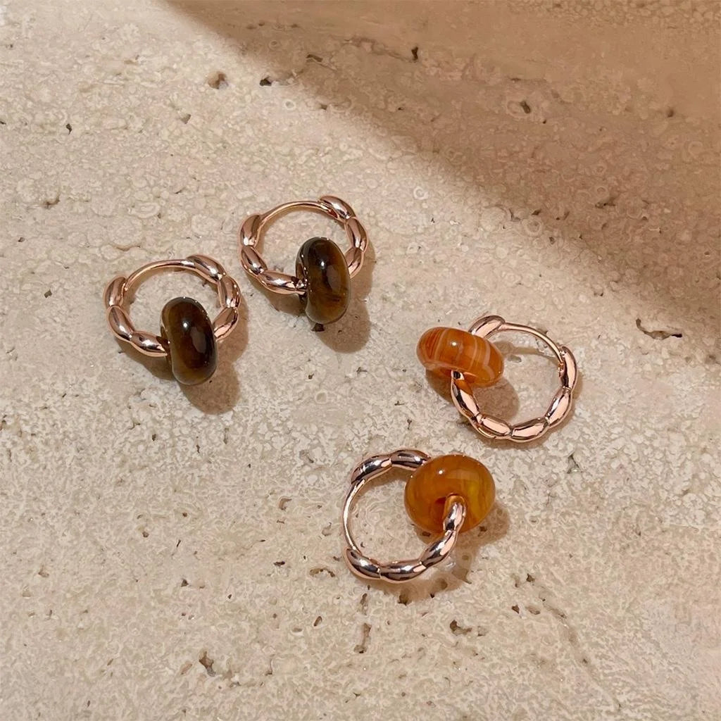 Rose Gold Plated Copper Natural Stone Stud Earrings French Vintage Round Tiger Eye Red Agate