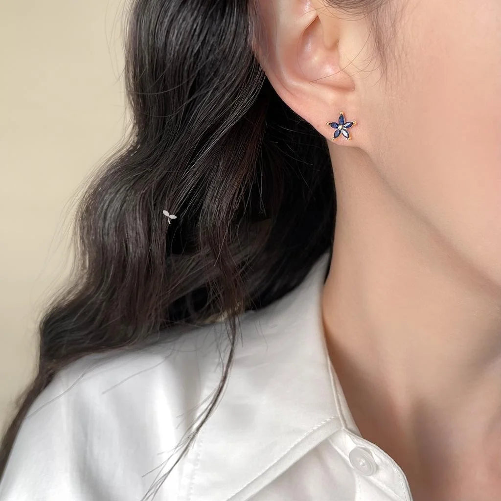 Blue Micro Pave Zircon Flower Stud Earrings For Women, Simple Summer Petal Jewelry