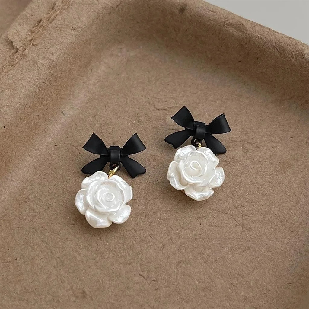 Resin Flower Bow Stud Earrings With Silver Plated Pins, Korean Japanese Statement Jewelry