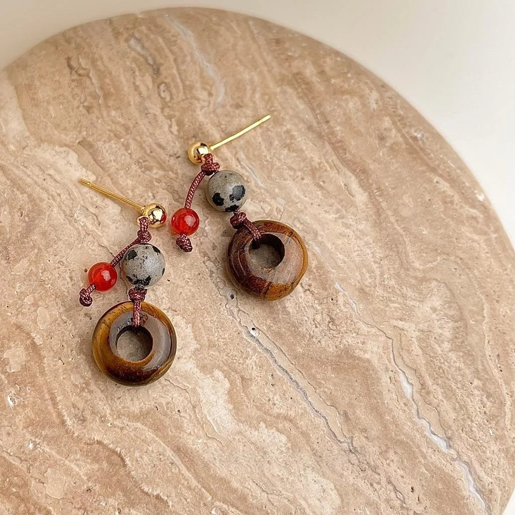 New Chinese Style Tiger Eye Red Agate Spotted Stone Peace Buckle Drop Earrings