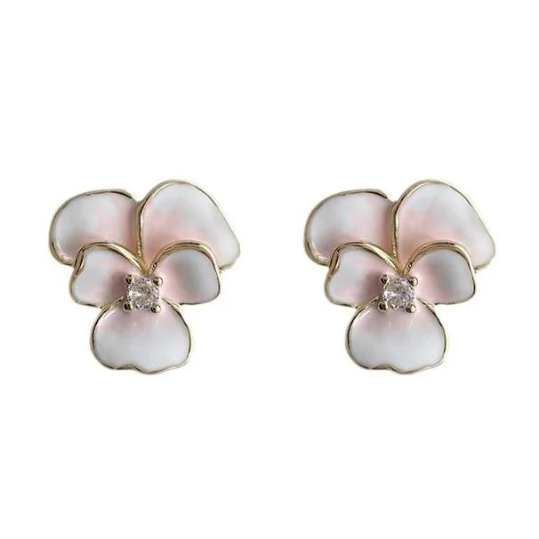 Sweet Gradient Enamel Copper Peach Blossom Iris Flower Stud Earrings, Cute Elegant Floral Jewelry