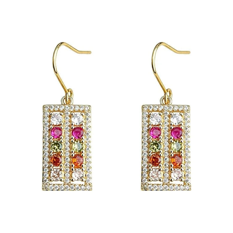 Light Luxury Geometric Micro Pave Zircon Color Stone Copper Drop Earrings for Women