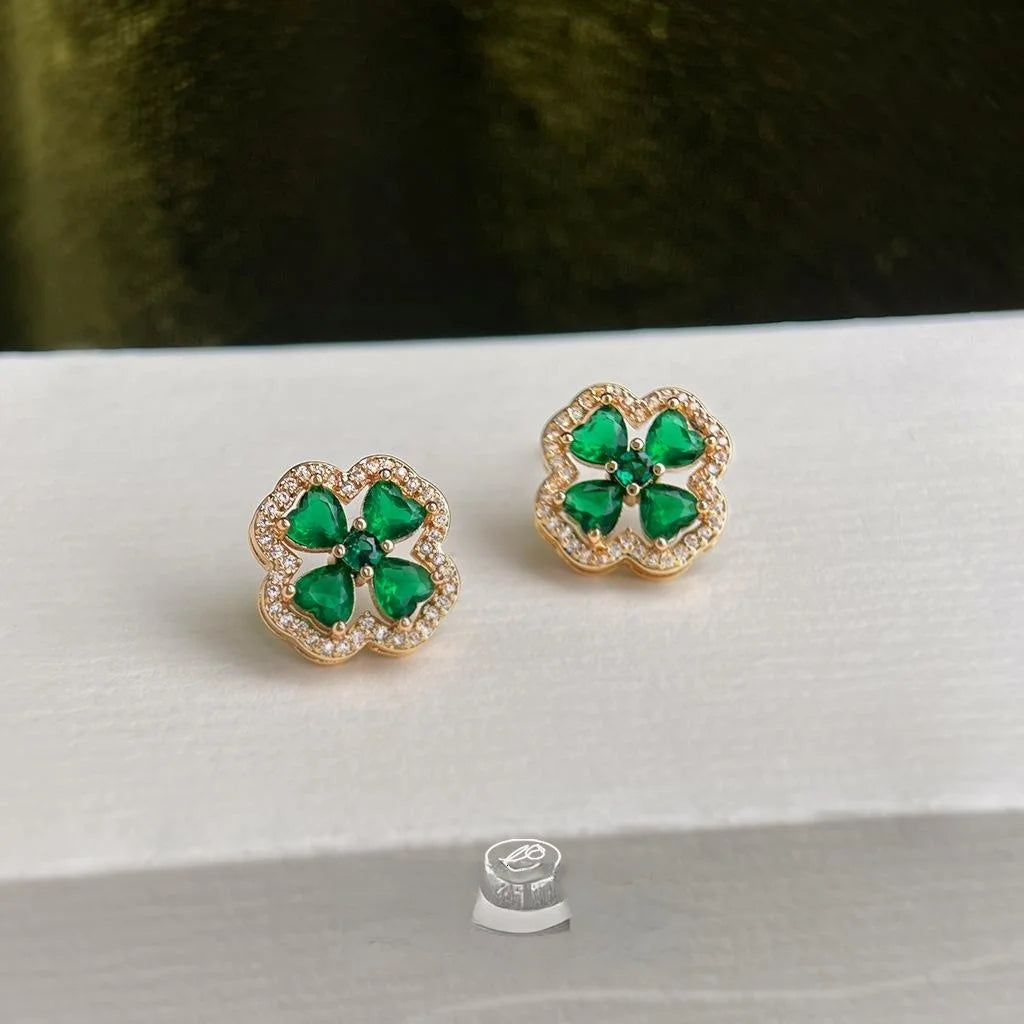 14K Gold Plated Copper Emerald Green Zircon Flower Geometric Stud Earrings Light Luxury