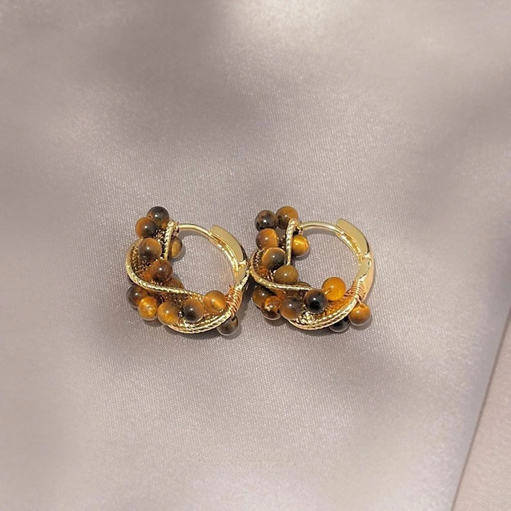 Handmade Copper Tiger Eye Geometric Twisted Round Vintage Maillard Style Drop Earrings