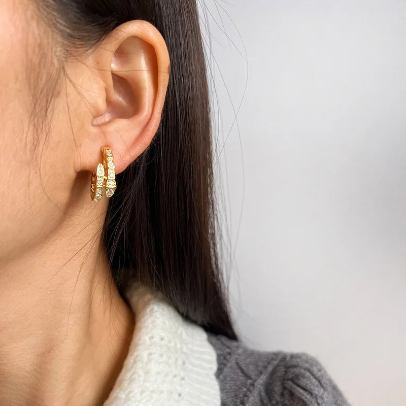 Luxury Snake Shape Spiral Hoop Zircon Stud & Clip On No Piercing Silver Tone Ear Cuff Earrings