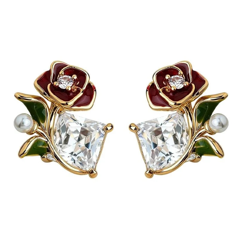 Ethnic Rose Flower Zircon Pearl Enamel Copper Stud Earrings