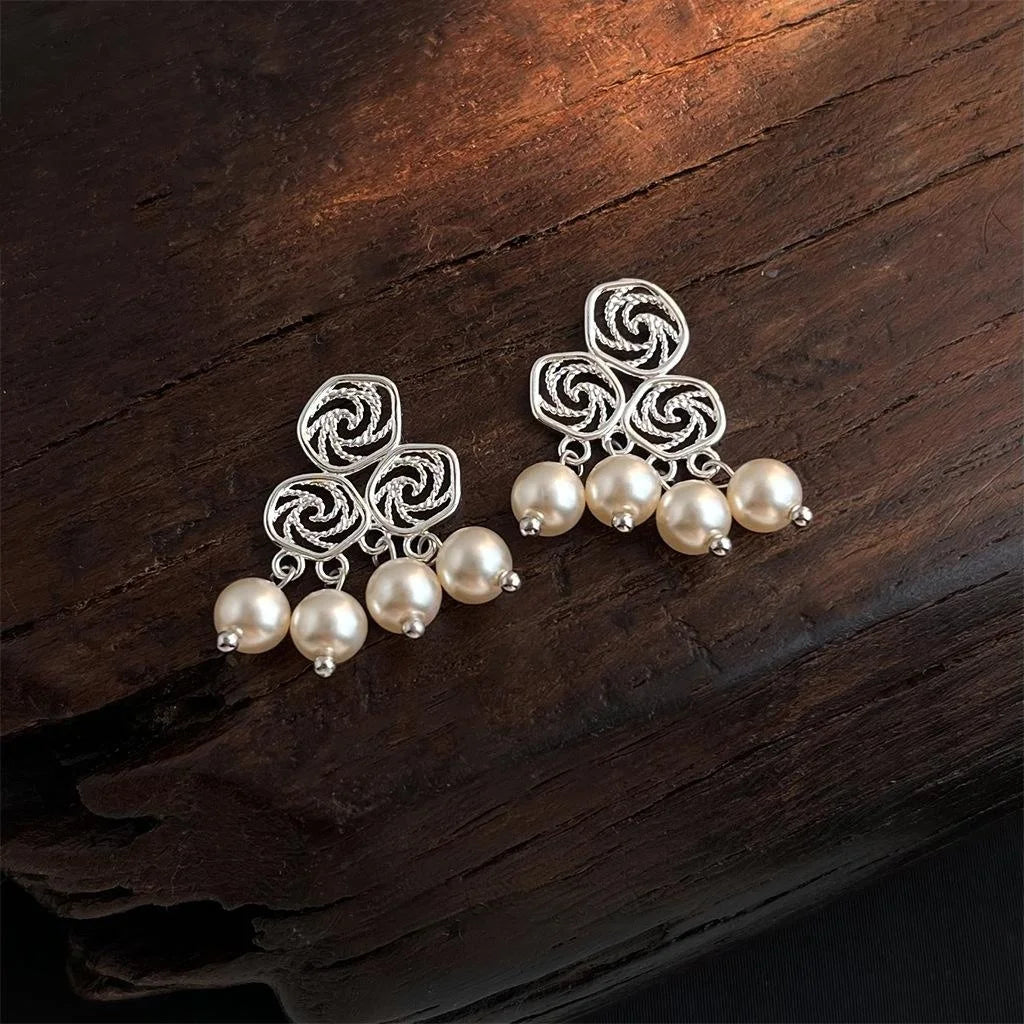 Auspicious Cloud Geometric Hollow Copper Glass Pearl Drop Earrings