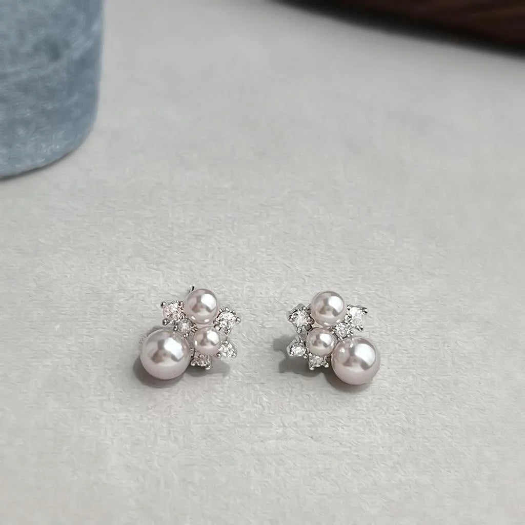Light Luxury Geometric Round Rose Pearl Micro Pave Zircon Copper Stud Earrings