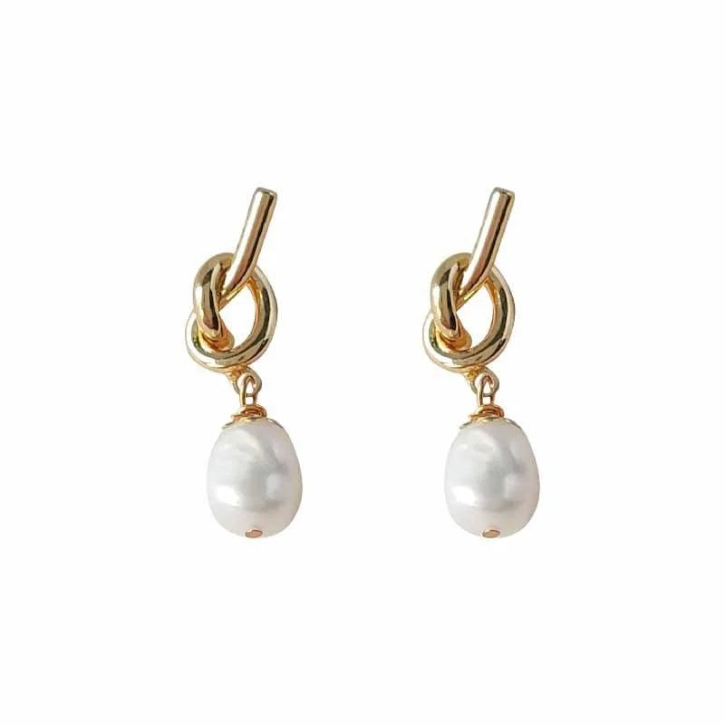 Handmade 14K Gold Plated Copper Knot Drop Earrings With Baroque Freshwater Pearl