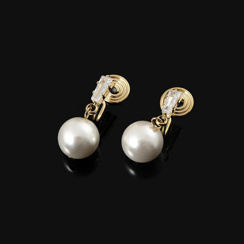 Elegant Pearl Drop Stud & Clip On No Piercing Zircon Crystal Gold Alloy Spiral Dangle Earrings