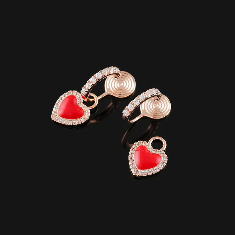 Elegant Luxury Red Enamel Heart Rhinestone Hoop Stud & Clip On No Piercing Birthday Gift Earrings