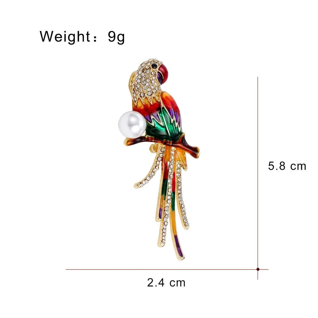 Elegant Enamel Parrot Brooch With Rhinestone And Pearl Accent, Luxury Bird Lapel Pin Suit Accessory Gift
