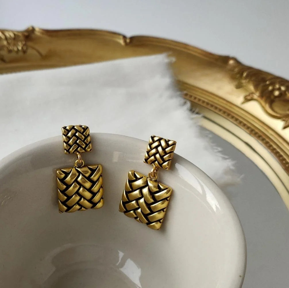 Vintage Plaid Button Square Alloy Drop Earrings Korean Style