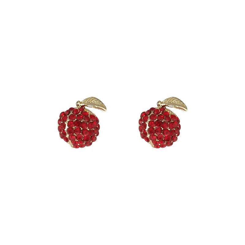 14K Plated Copper Red Apple Rhinestone Stud Earrings Creative Fruit Jewelry